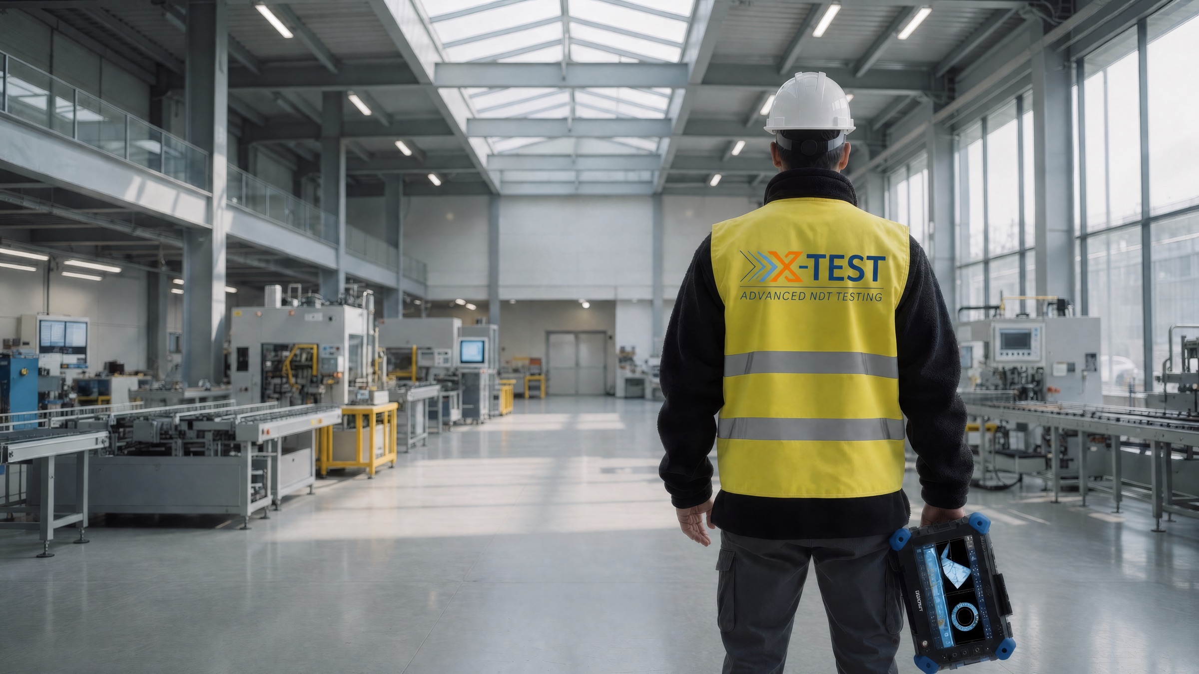 Technik X-TEST z defektoskopem ultradźwiękowym w nowoczesnej hali produkcyjnej