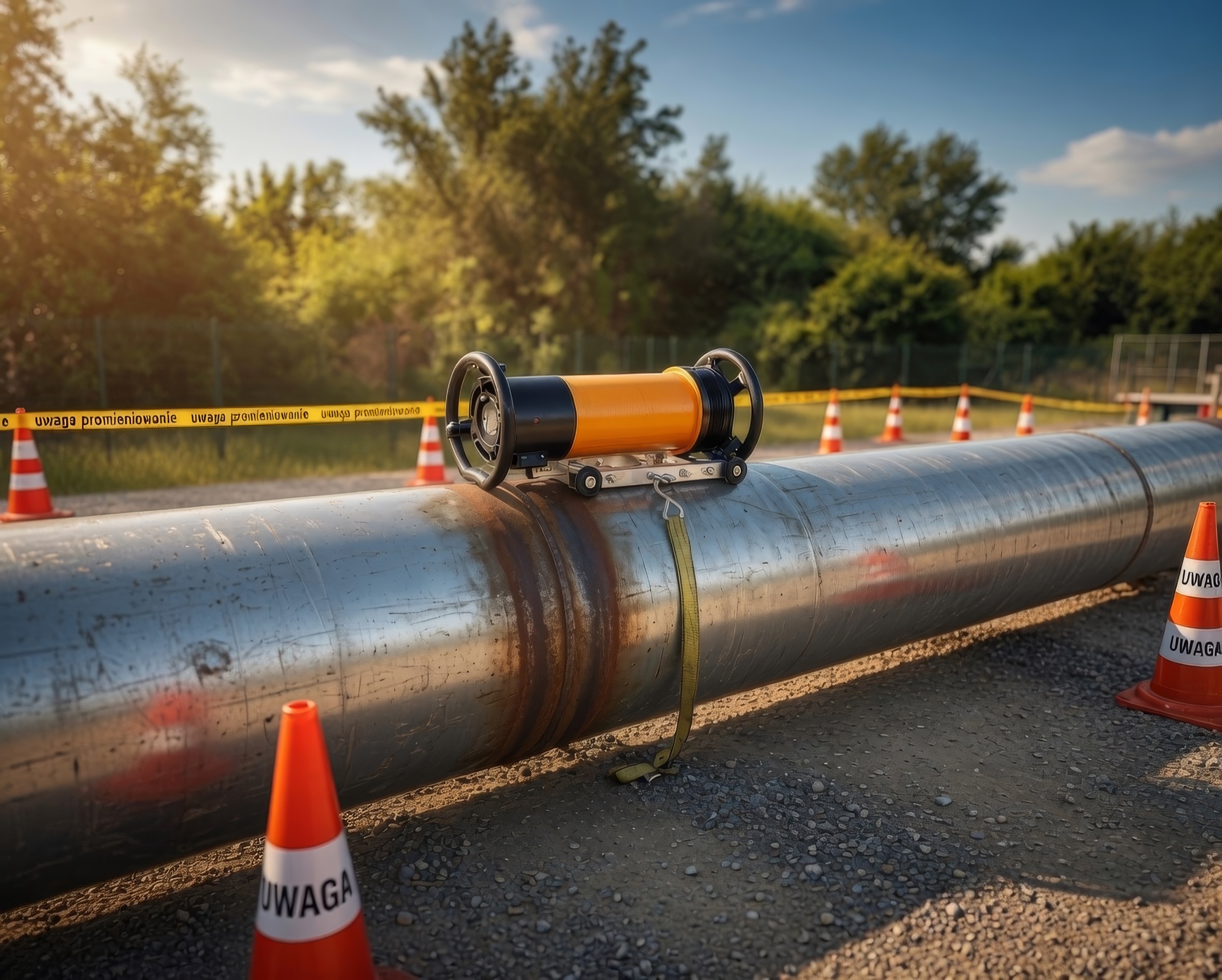 Radiological protection — a gamma radiography unit on a pipeline, cordoned off with “Caution radiation” warning tape and cones