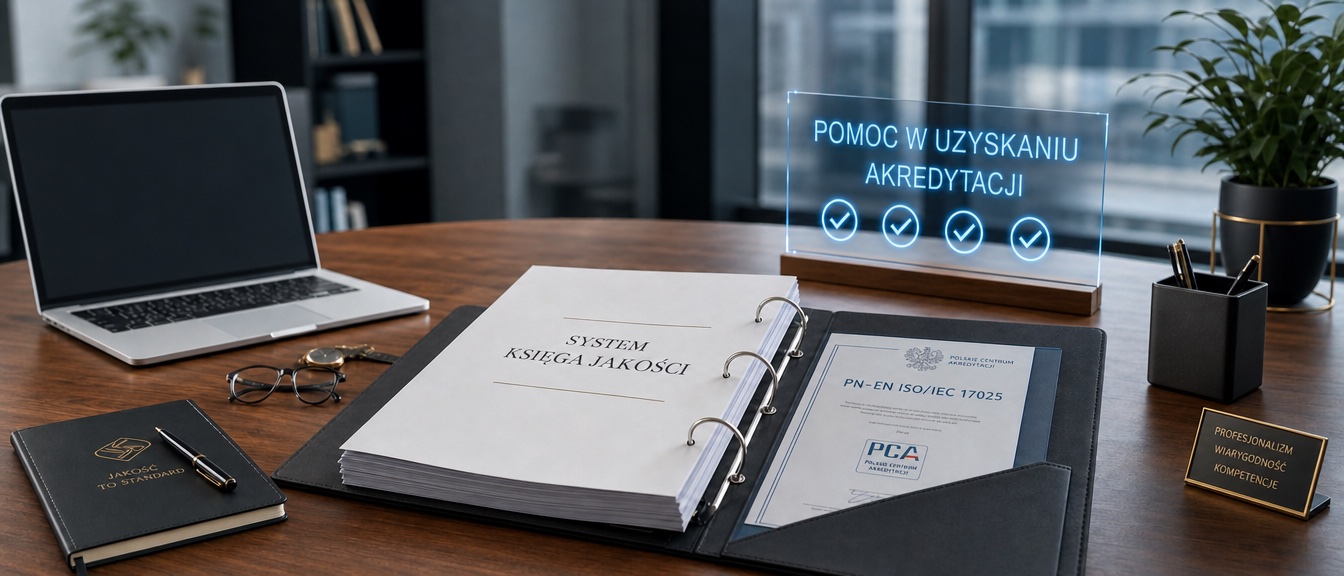Wsparcie przy akredytacji PCA — biurko z dokumentacją systemu jakości, certyfikatem PN-EN ISO/IEC 17025 i podświetlaną planszą „Pomoc w uzyskaniu akredytacji”