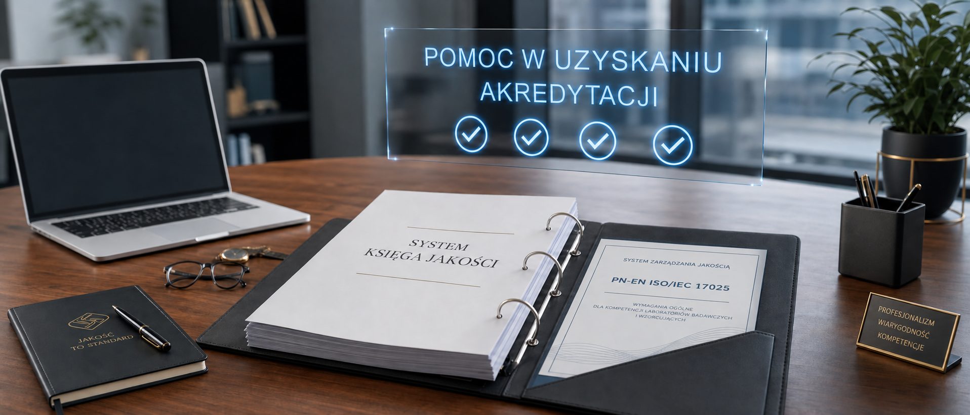 Wsparcie przy akredytacji PCA — biurko z księgą jakości, dokumentacją systemu zarządzania wg PN-EN ISO/IEC 17025:2018-02 i podświetlaną planszą „Pomoc w uzyskaniu akredytacji”