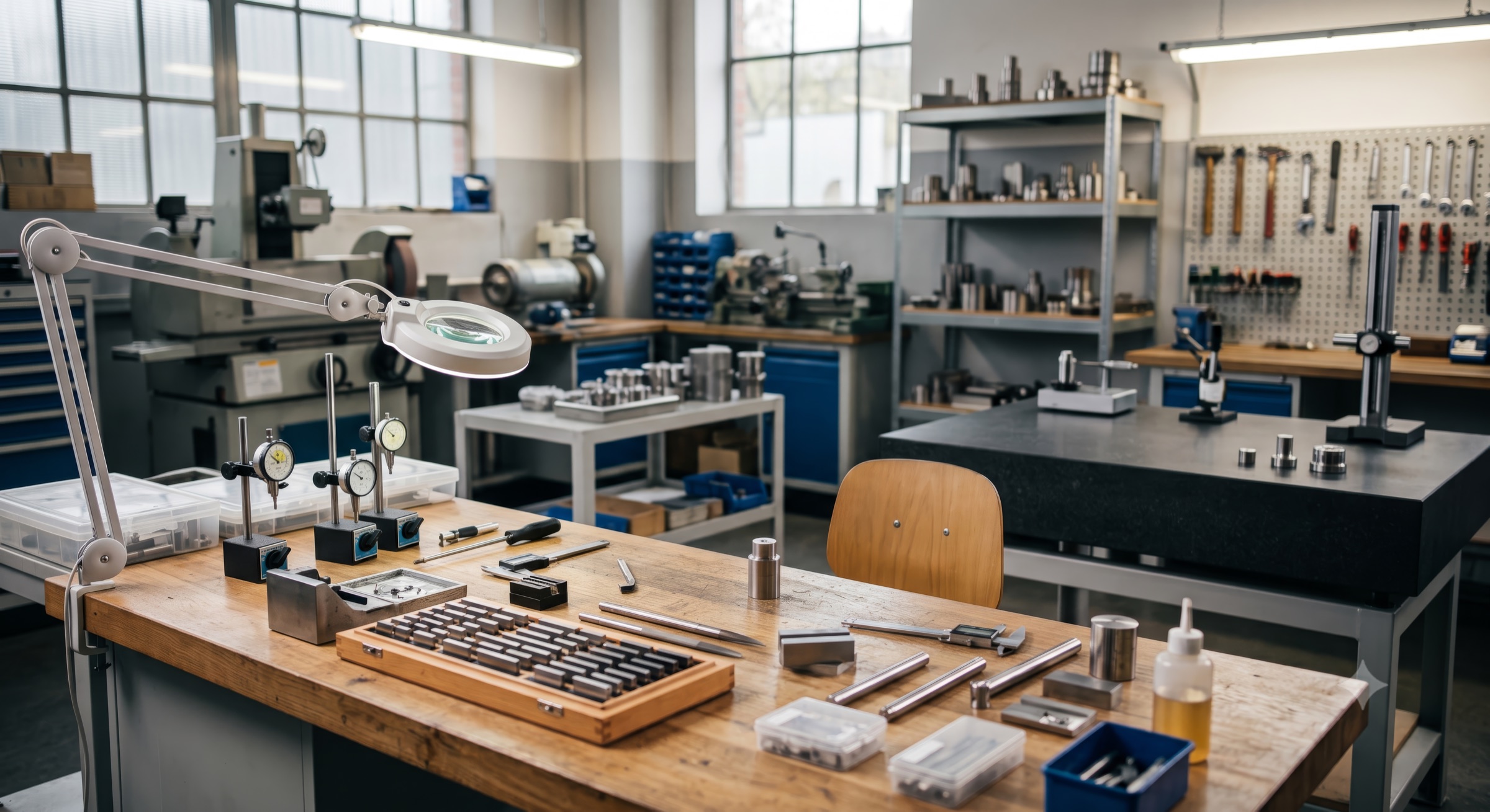 Reference standards and samples — a set of gauge blocks, dial indicators and a caliper on a workbench in a metrology laboratory
