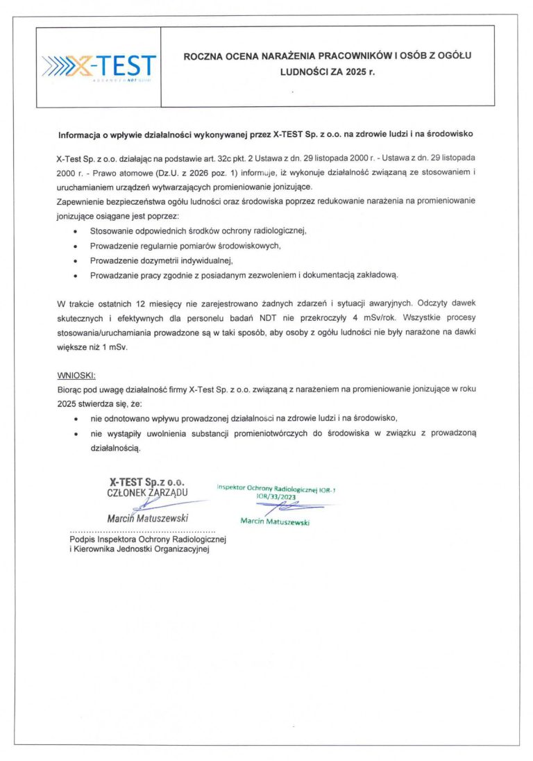 Annual assessment of radiation exposure of workers and the general public for 2025 — X-TEST Sp. z o.o.