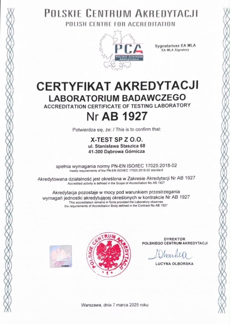 PCA Testing Laboratory Accreditation Certificate No. AB 1927, issued to X-TEST Sp. z o.o.