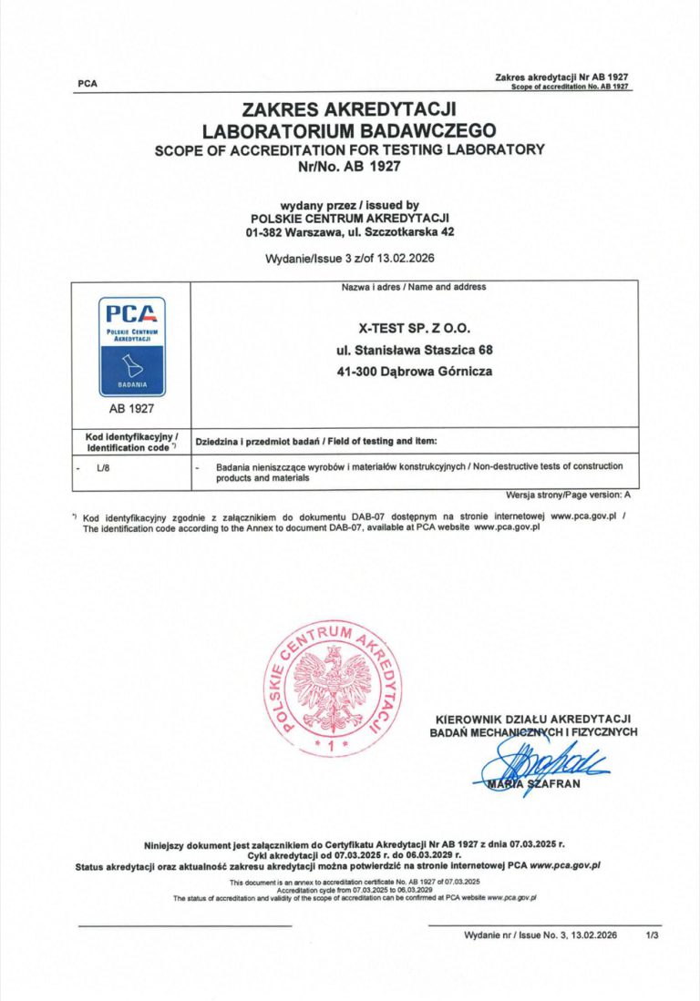 PCA Testing Laboratory Scope of Accreditation No. AB 1927 — issue 3